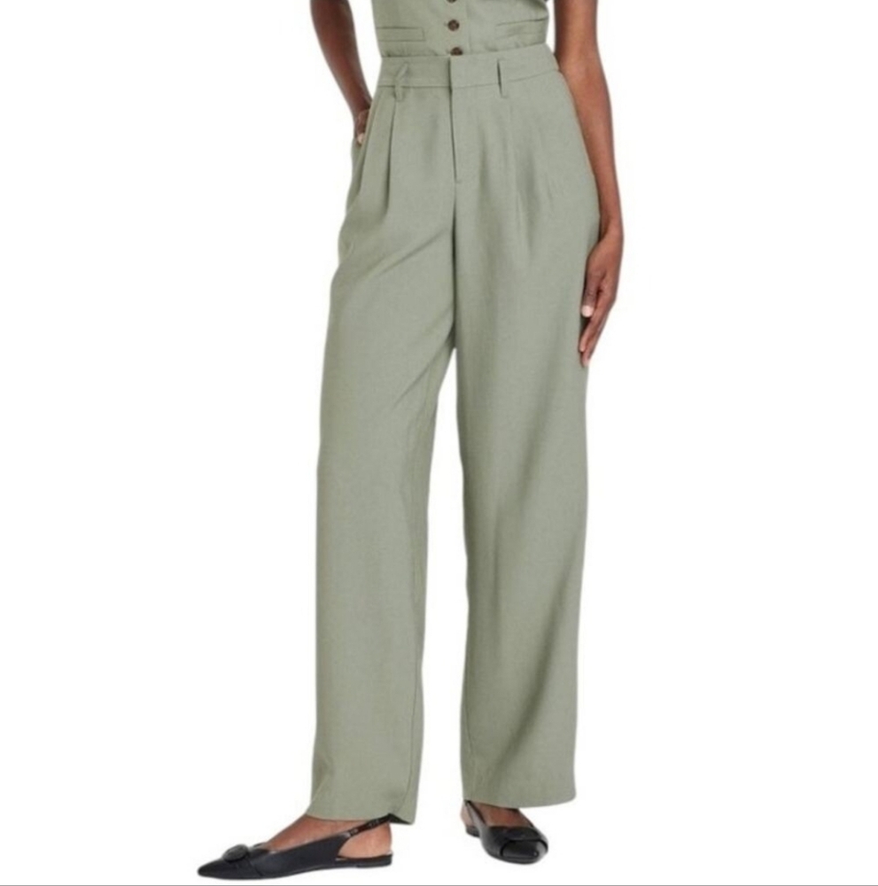 Women's High-Rise Pleat Front Straight Trousers - A New Day Olive 16